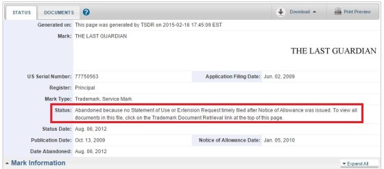 The Last Guardian - Registro vencido en la USPTO